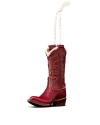 A red cowboy boot ornament with decorative stitching and a white hanging loop attached at the top.