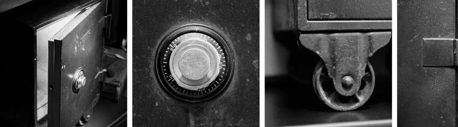 Four black-and-white photos show details of a metal safe: an open door, a combination lock, a wheel, and part of the door edge.