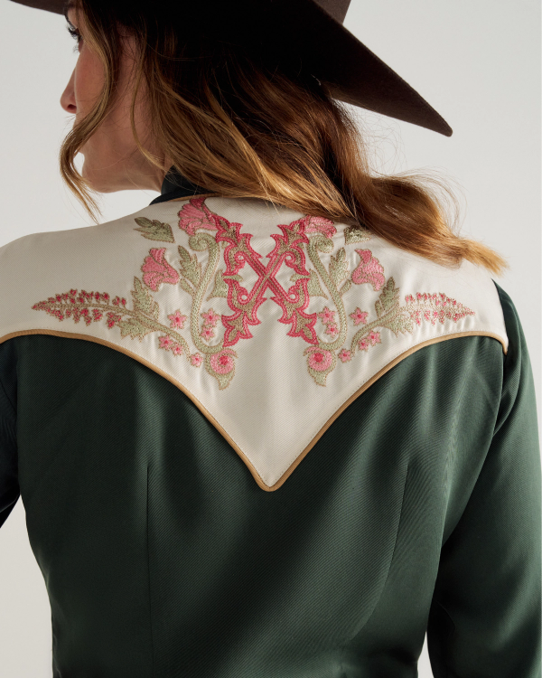 Back view of Women's Tecovas X H Bar C Birthday X Shirt - Green on model