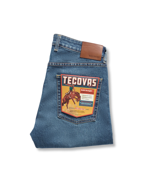 Front view of Men's Slim Straight Stretch Denim - Medium Indigo on plain background