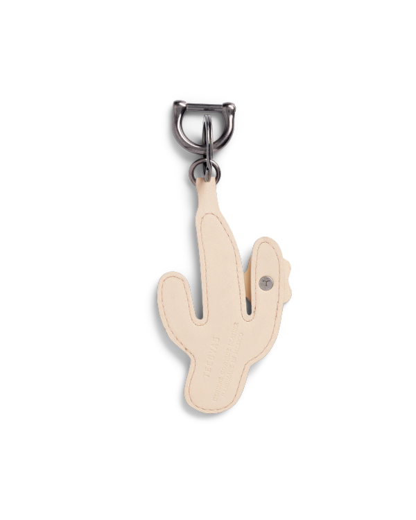 Beige leather keychain in the shape of a cactus with metal hardware, displayed on a white background.