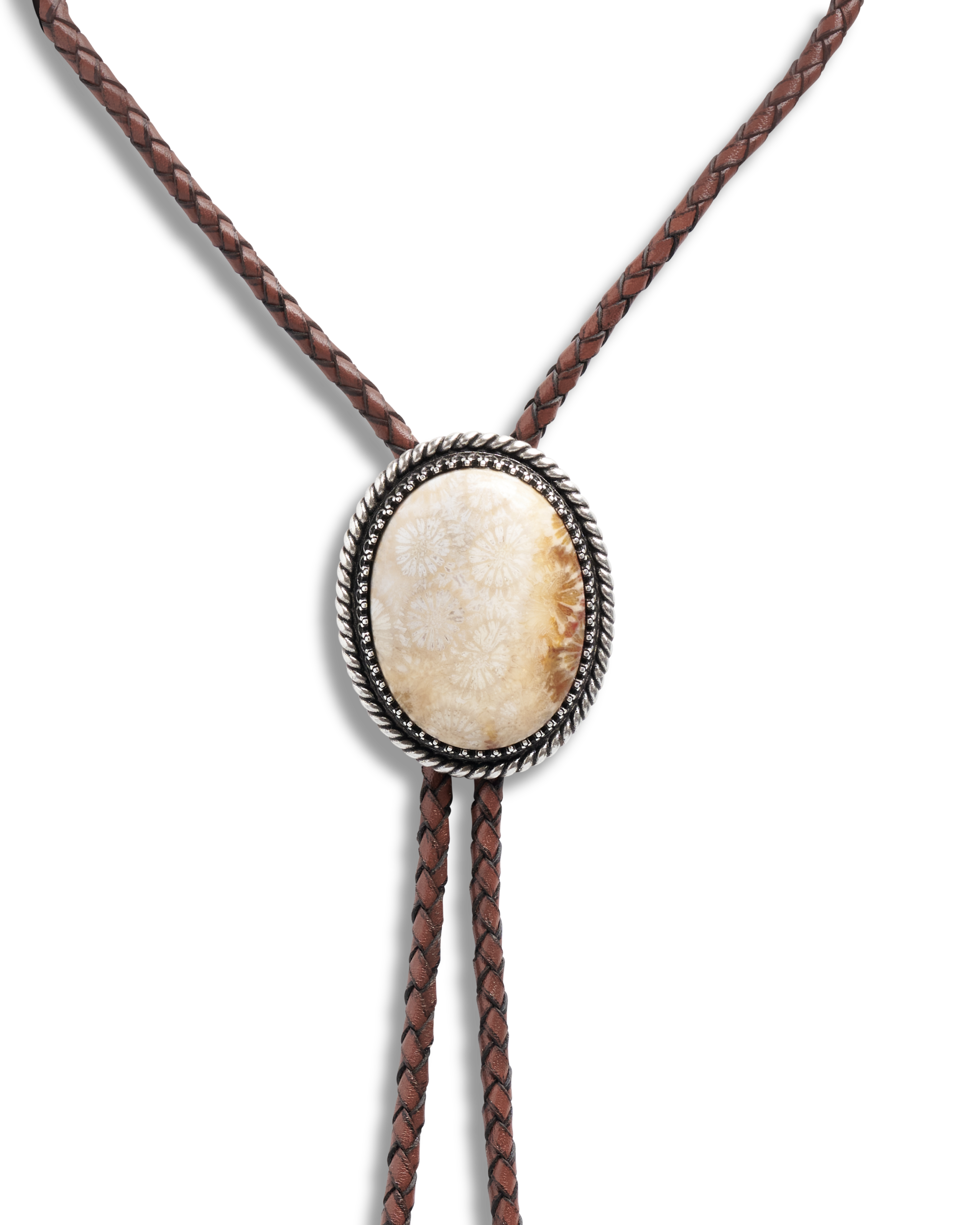 Closeup detail view of Iron Lamb Fossilized Coral Bolo - Cream / Black