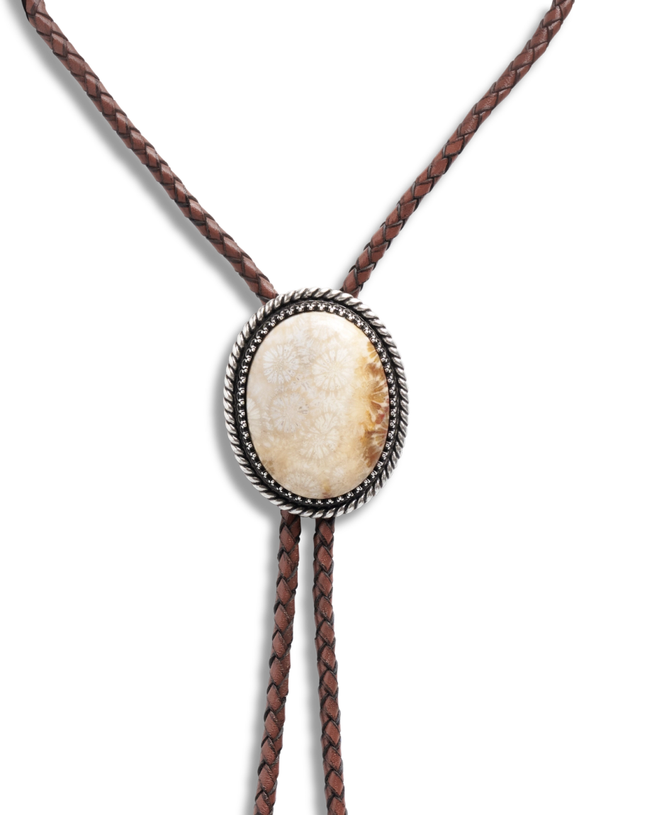 Closeup detail view of Iron Lamb Fossilized Coral Bolo - Cream / Black