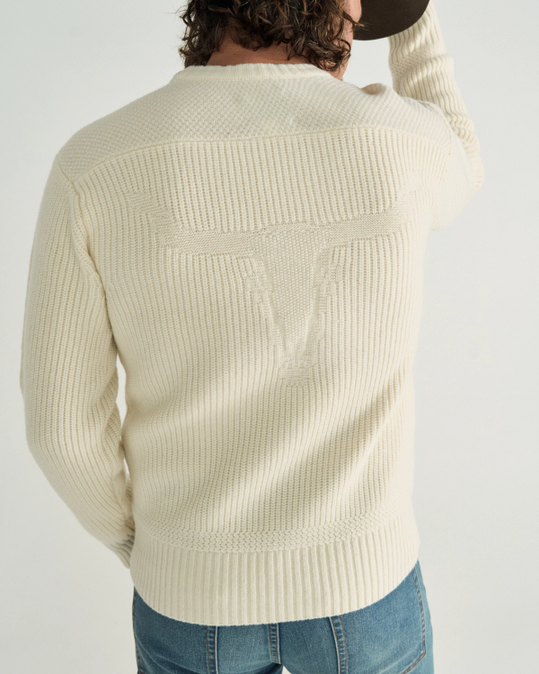 Back view of Men's Crew Neck Desert Sweater - Whisper White on model