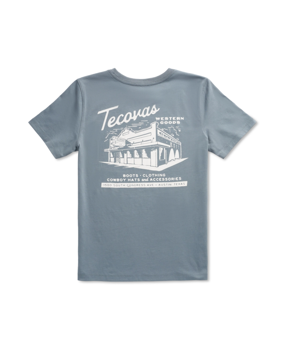 Front view of Women's Store Front Tee - Blue on plain background