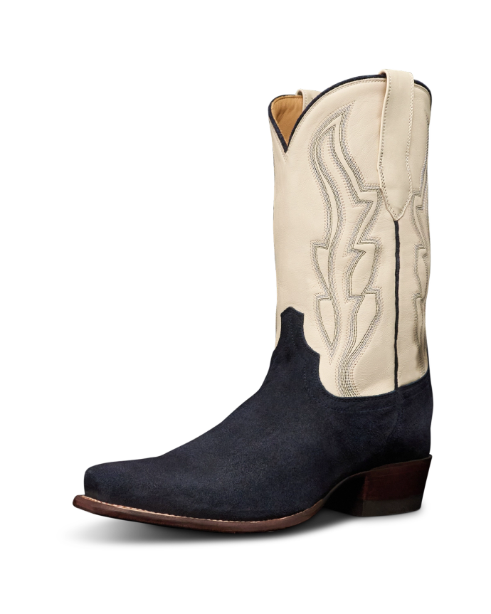 Quarterfront view of The Warren - Navy / White Suede on plain background