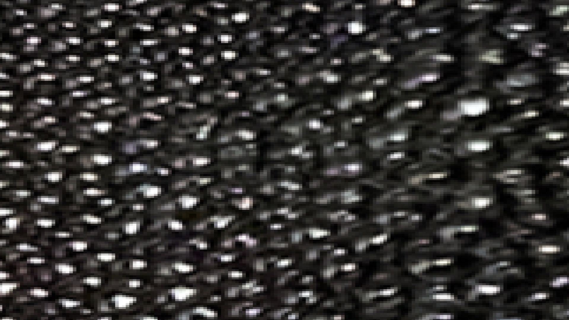 Close-up view of a textured black surface with many small, shiny, irregularly shaped bumps or beads.