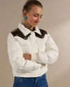 Front view of Women's Puffer Jacket - Cream on model