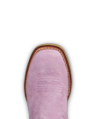 Close-up of the toe of a pink suede cowboy boot with decorative stitching, visible brown sole, and white welt stitching.