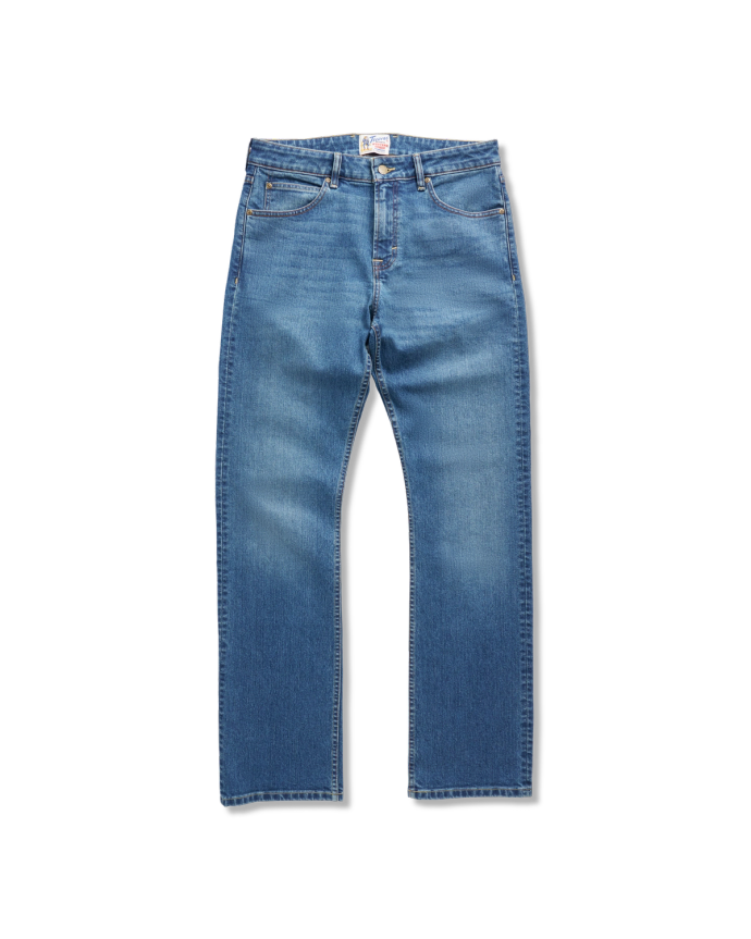 Front view of Men's Slim Straight Stretch Denim - Medium Indigo on plain background
