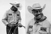 split image of cowboy holding onto ropes on the left, and portrait of a cowboy on the right