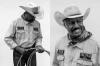 split image of cowboy holding onto ropes on the left, and portrait of a cowboy on the right