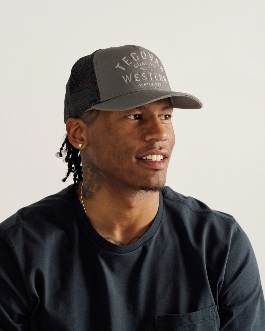 Lifestyle view of Quality Made Western Five-Panel Trucker Hat - Gray