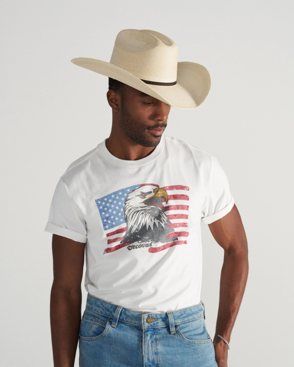 Front view of Men's Eagle T-Shirt - Bone/Multi on model