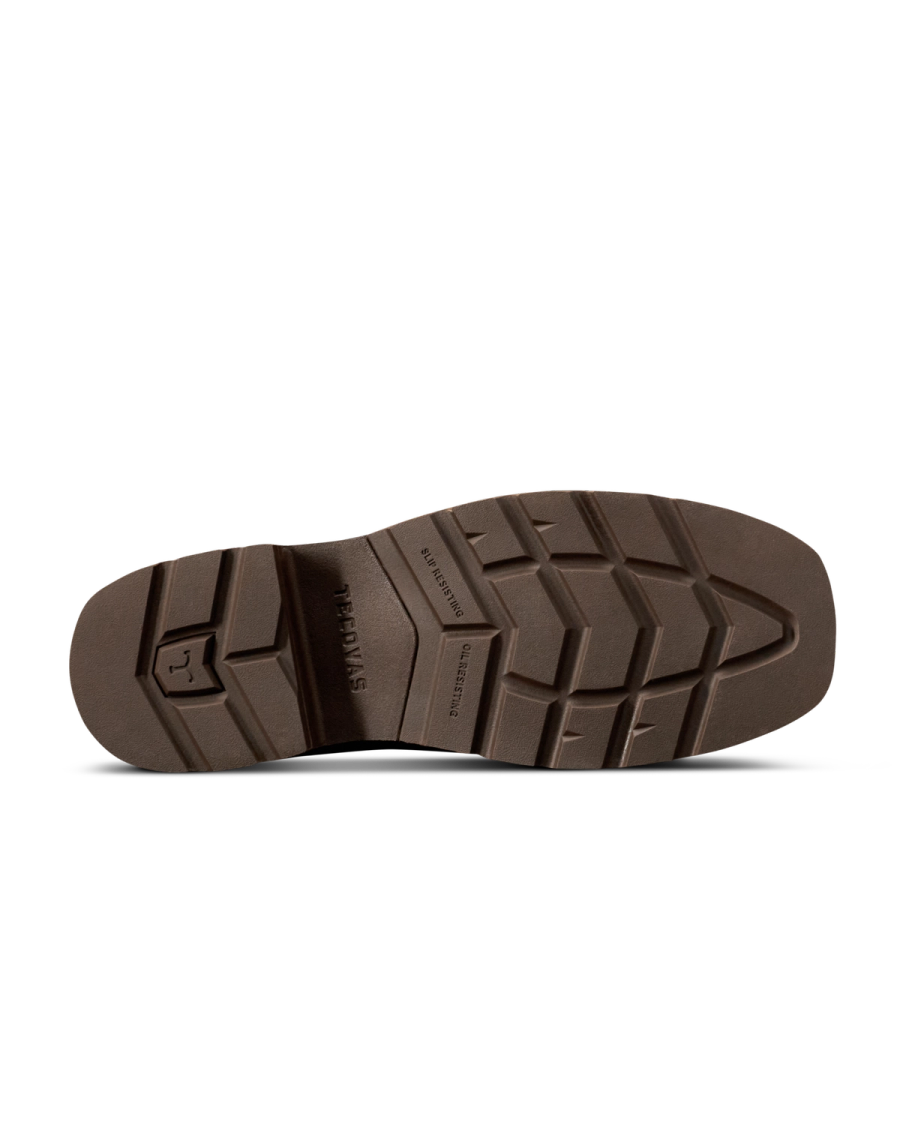 Toe view of LongHaul Waterproof Square Soft Toe Work Boot with Temp Control - Dark Chocolate/Clay Cowhide on plain background