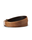 A brown leather belt with a suede finish, coiled and showing the embossed word "Tecovas" on the inner side.