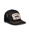 Quarterfront view of Palo Duro Motors 5 Panel Low Pro Trucker - Black on plain background