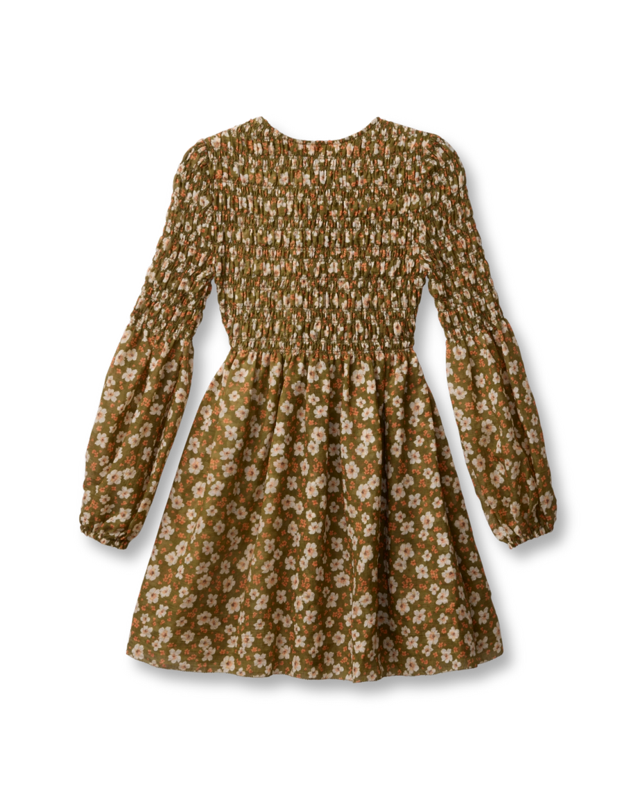 Back view of The Emma Dress by Kristopher Brock - Olive/Beige Floral Cotton Blend on plain background
