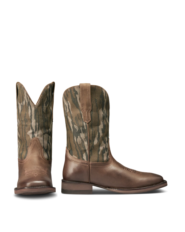 Pair of cowboy boots with brown leather foot and green camouflage-patterned shaft, shown from side and front angles on a white background.