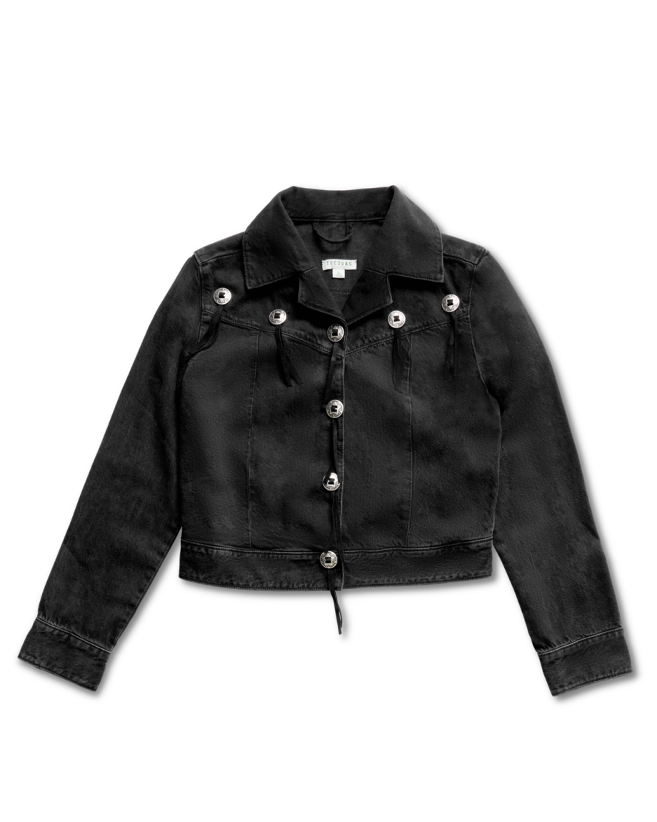 Front view of Women's Rodeo Concho Denim Jacket - Black on plain background