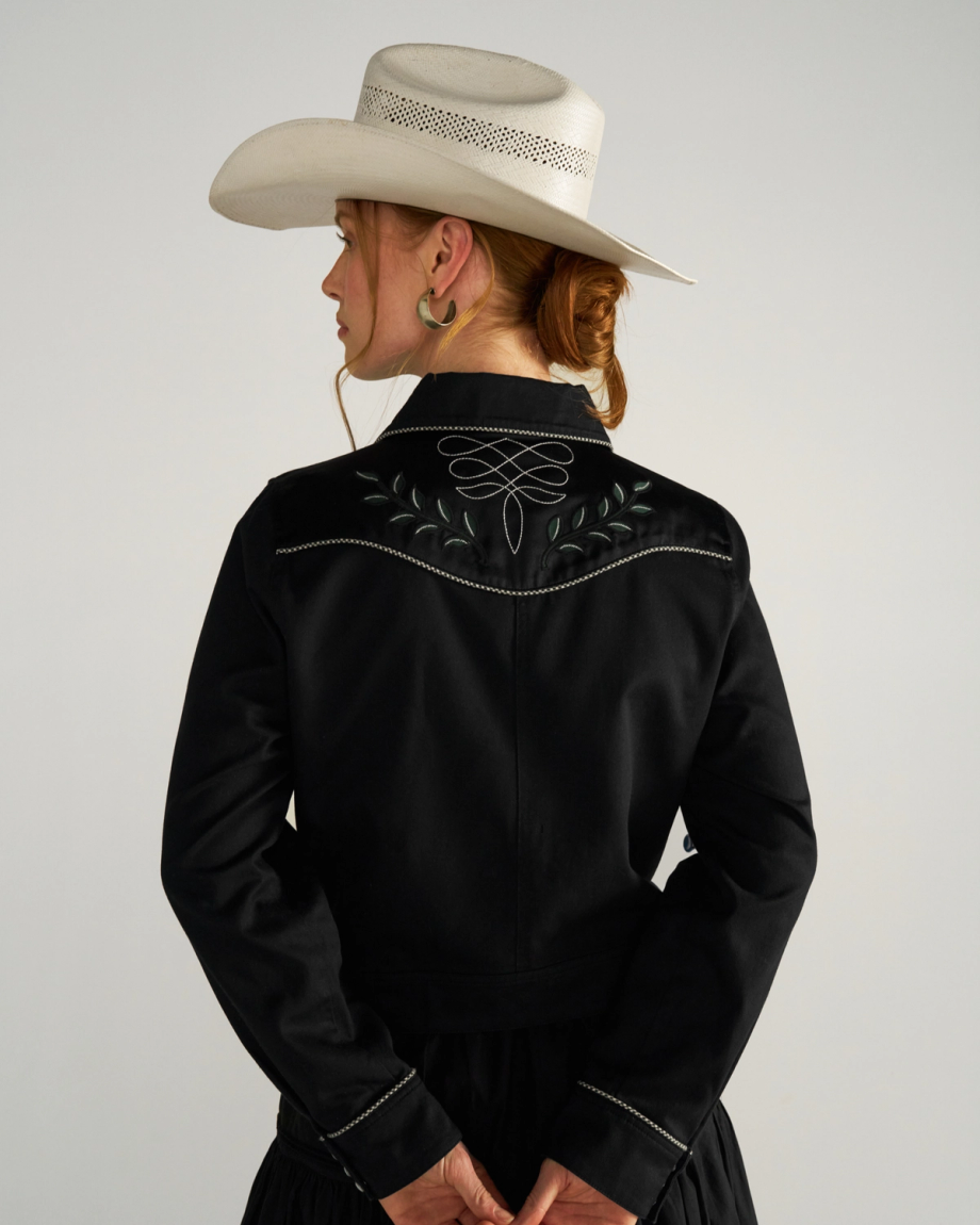 Back view of Women's Embroidered Dolly Jacket - Black on model