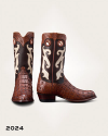 Brown western boots with an embossed reptile-skin texture and cream-colored decorative leather overlays on the shafts.