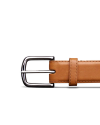 A brown leather belt with a silver rectangular buckle against a black background.