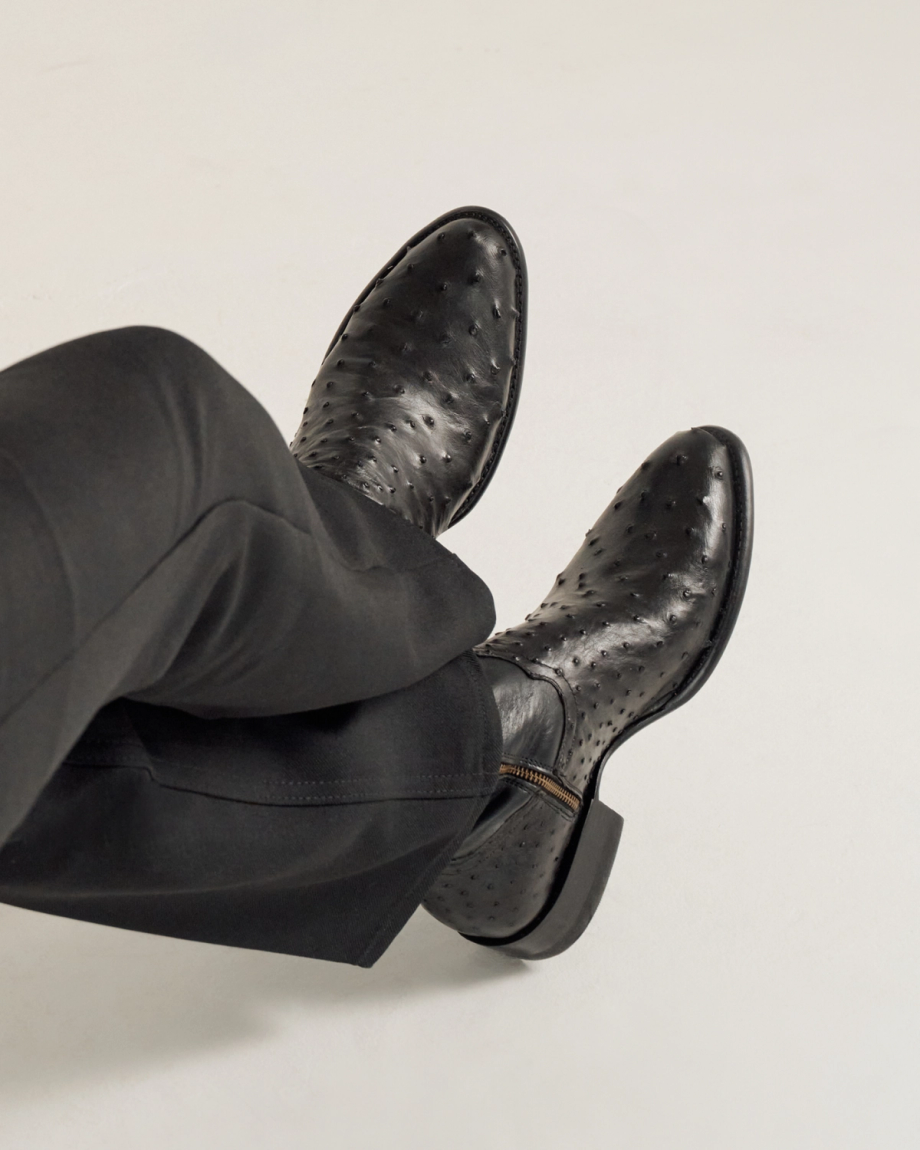 close up of Dean Midnight Black Zip Cowboy Boot on a man's feet