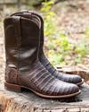 close up picture of Cole Mahogany brown cowboy boots on a man's feet