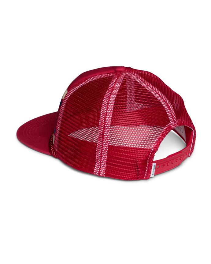 Quarterback view of Retro 5-Panel High Pro Flat Brim Trucker - Red on plain background