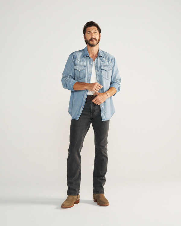 Closeup detail view of Men's Denim Pearl Snap LS - Light Wash