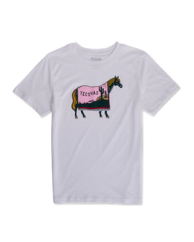 Front view of Women's Horse Blanket Tee - White/Pink on plain background