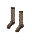 A pair of brown crew socks with a tree bark camouflage pattern, displayed on a plain white background.
