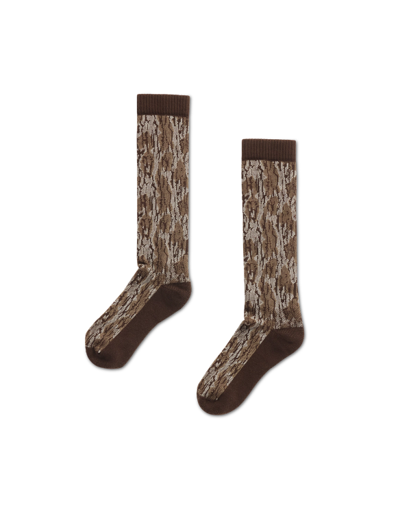 A pair of brown crew socks with a tree bark camouflage pattern, displayed on a plain white background.