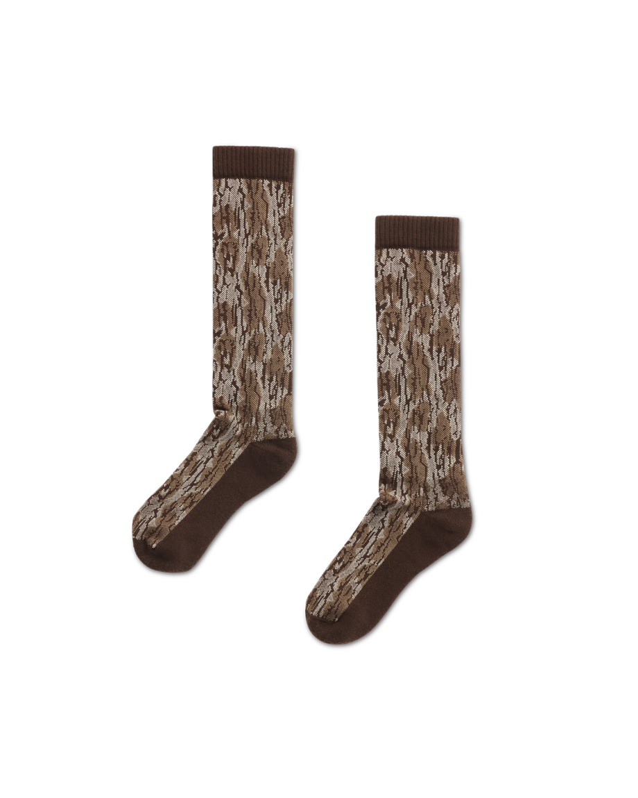 A pair of brown crew socks with a tree bark camouflage pattern, displayed on a plain white background.