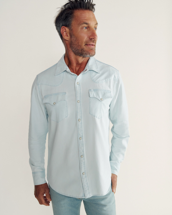 Closeup detail view of Men's Denim Long Sleeve Pearl Snap - Ultra Light
