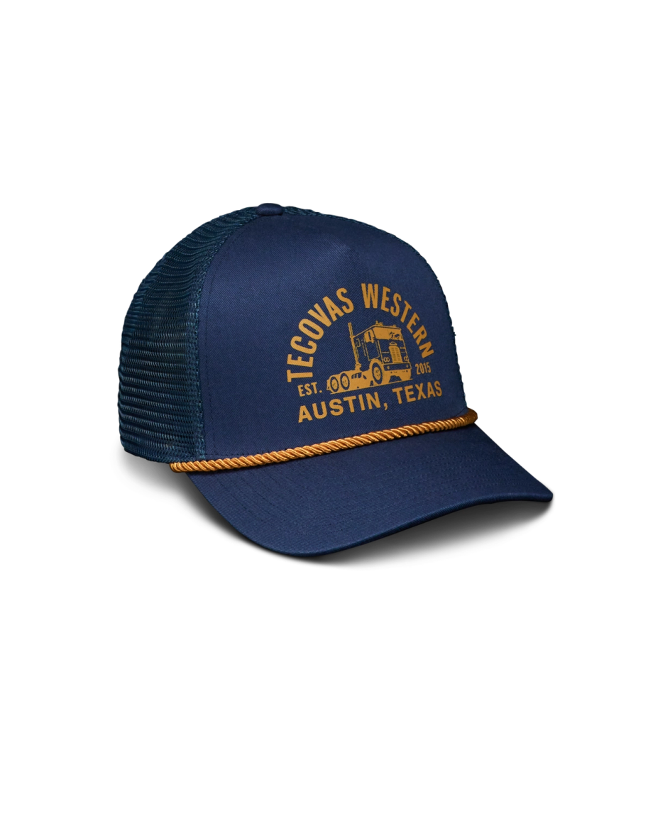 Quarterfront view of Tecovas Truck 5 Panel High Pro Trucker - Navy on plain background
