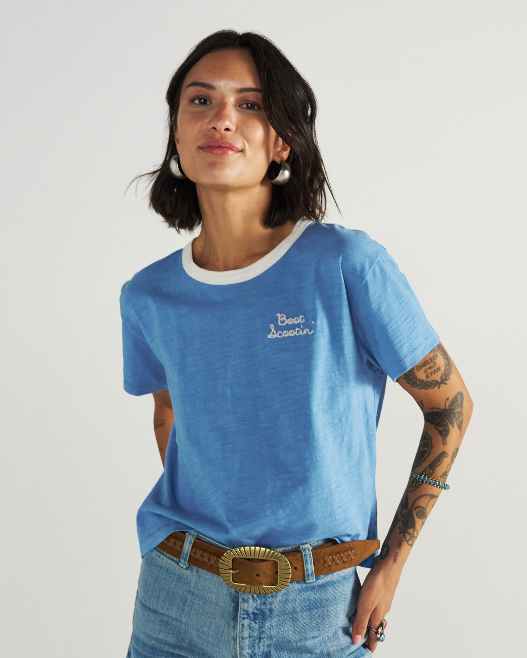 Front view of Women's Vintage Ringer Tee - Jasper/Bone on model