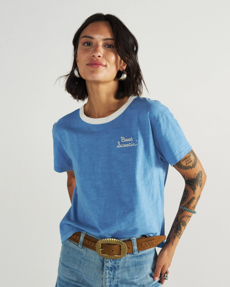 Front view of Women's Vintage Ringer Tee - Jasper/Bone on model