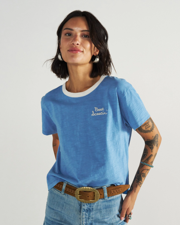 Front view of Women's Vintage Ringer Tee - Jasper/Bone on model