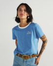 Front view of Women's Vintage Ringer Tee - Jasper/Bone on model