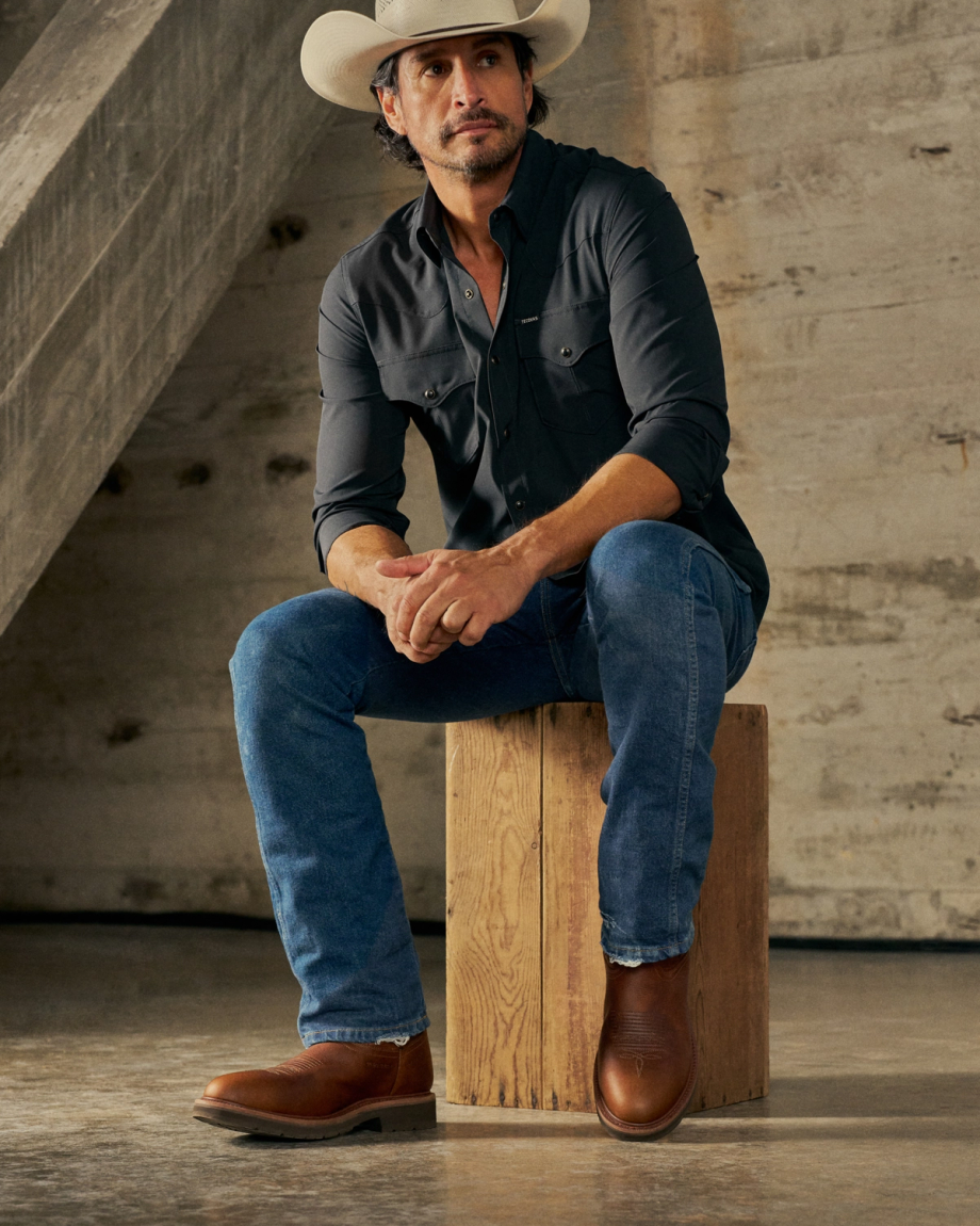 Toe view of The LH WP Round Comp Toe Work Boot - Saddle Cowhide on plain background