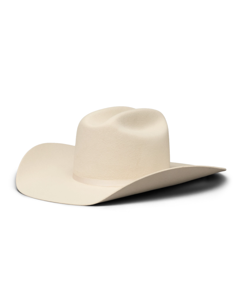 A cream-colored cowboy hat with a wide brim and a creased crown, shown on a white background.
