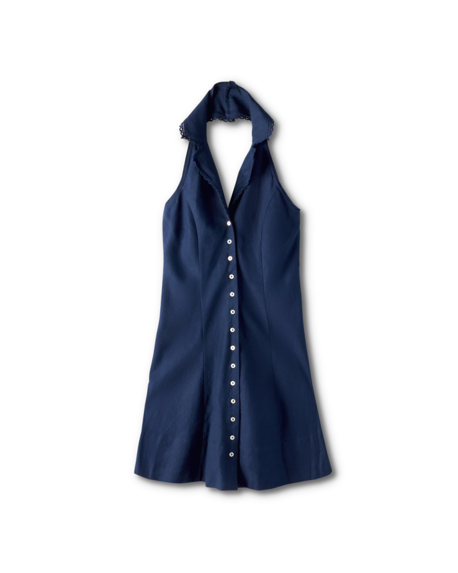 Front view of Women's Sleeveless Collared Mini Dress - Navy on plain background