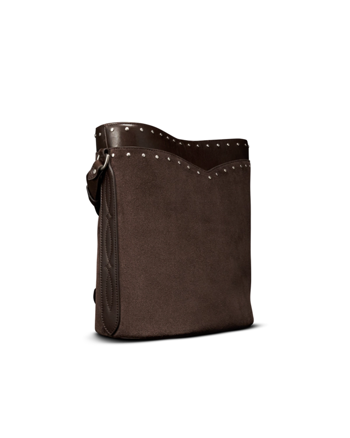 Quarterfront view of Shoulder Bucket Bag - Chocolate on plain background