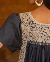 Closeup detail view of Tecovas x Mi Golondrina Lilliana S/S Midi Dress - Dark Wash