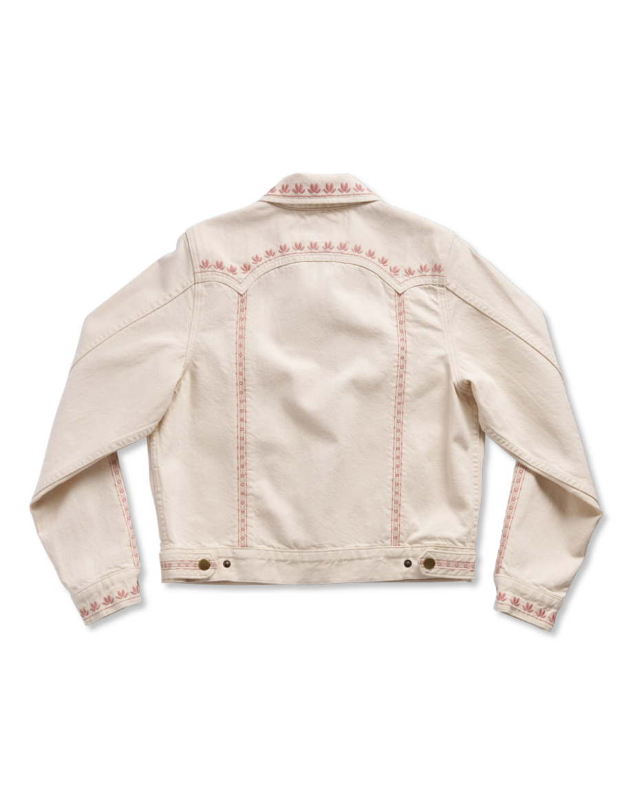 Back view of Women's Embroidered Mechanic's Jacket - Natural Denim on plain background