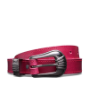 Coiled image of the women's art deco belt in red berry on a plain background