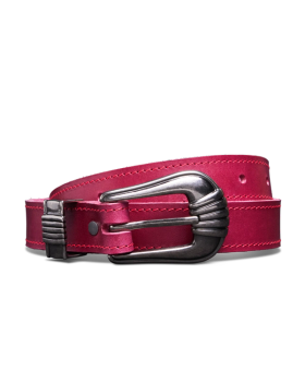 Coiled image of the women's art deco belt in red berry on a plain background