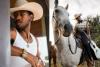 split photo man in cowboy hat, man on horse